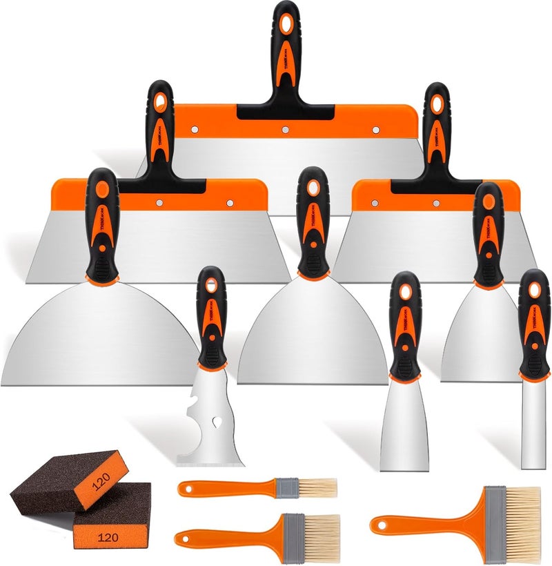 THINKWORK Putty Knife Set - 14Pcs Stainless Steel Paint Scraper Tools, Drywall Knife Set for Removing Wallpaper, Repairing Drywall, Applying Putty, Taping, Scraping Plaster, Cement, Adhesive - Image 1